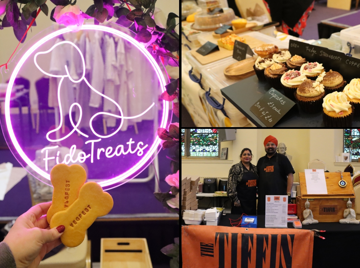 A composite image. Left: a hand holding two large dog biscuits stamped with VEGFEST against a neon pink sign saying 'Fido'. Top right: a display of cakes, with frosted cupcakes in the foreground (QBee). Bottom right: Indian couple Tony and Priya in black aprons pose behind their stall with a big sign saying The Tiffin.